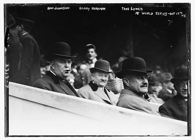 Left to right, Ban Johnson, president of the American League; Garry Herrmann, president of baseball's National Commission; Thomas Lynch, president of the National League at Game 3 of the World Series on October 17, 1911 at the Polo Grounds. The Philadelphia Athletics would beat the New York Giants 3-2 in 11 innings and win the series 4-2.